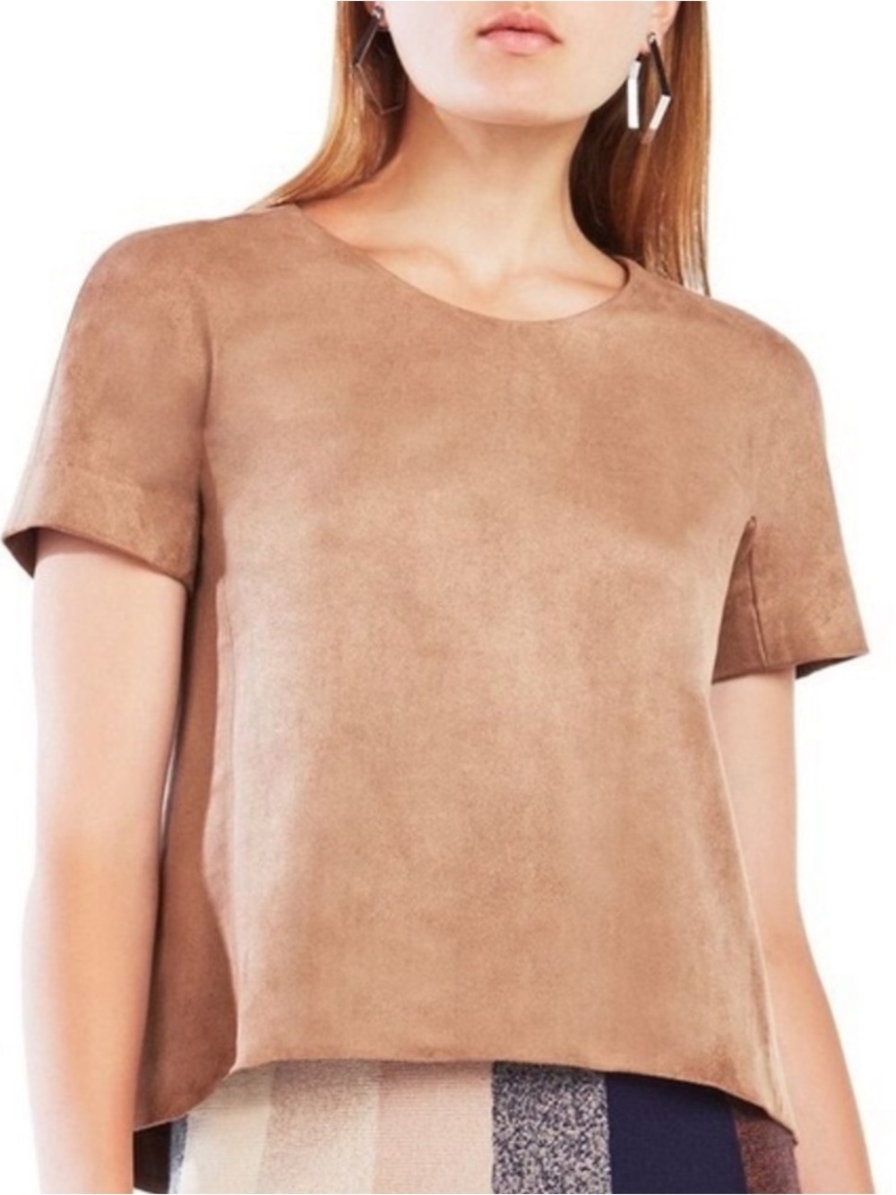 BCBGMaxazria Faux Suede Short Sleeve Top in Tan S NWOT